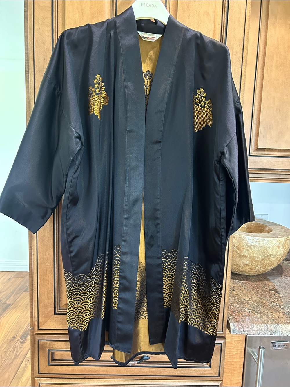 Fashion From Orient Black Satin Kimono With Gold Embroidery Made In Japan